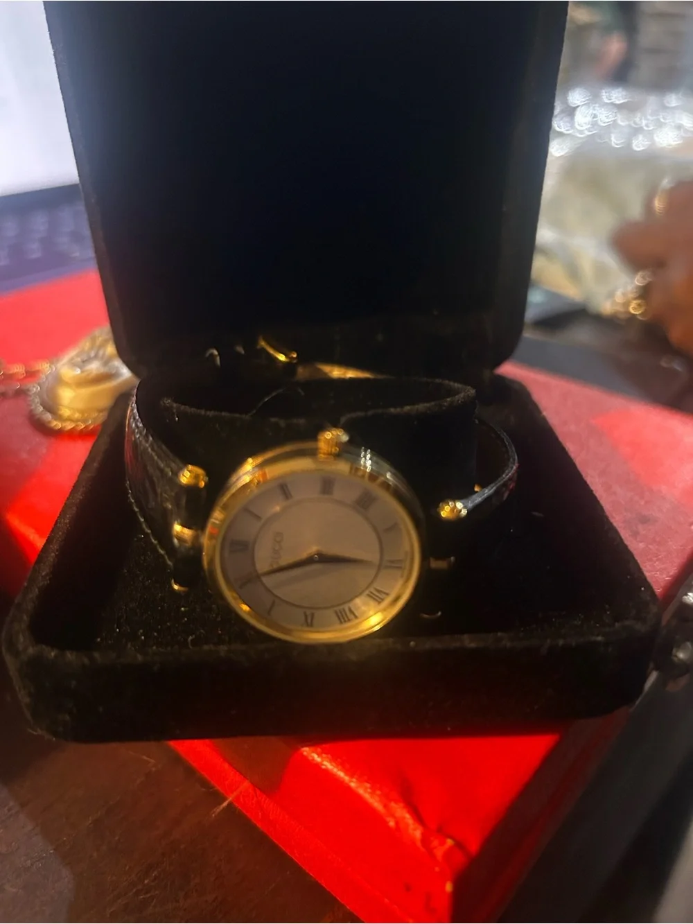 Gucci Black Leather Strap Gold Round Dial Men’s Watch